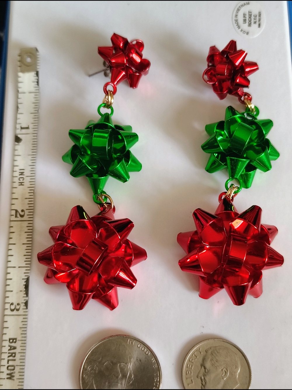 Festive Red and Green Bow Drop Earrings - Holiday Statement